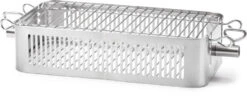Napoleon Flat Stainless Steel Rotisserie Basket -PitMaster Shop 57013 Web Gallery 02 57013 Adjustable Stainless Steel Rotisserie Basket OnWhite Angle